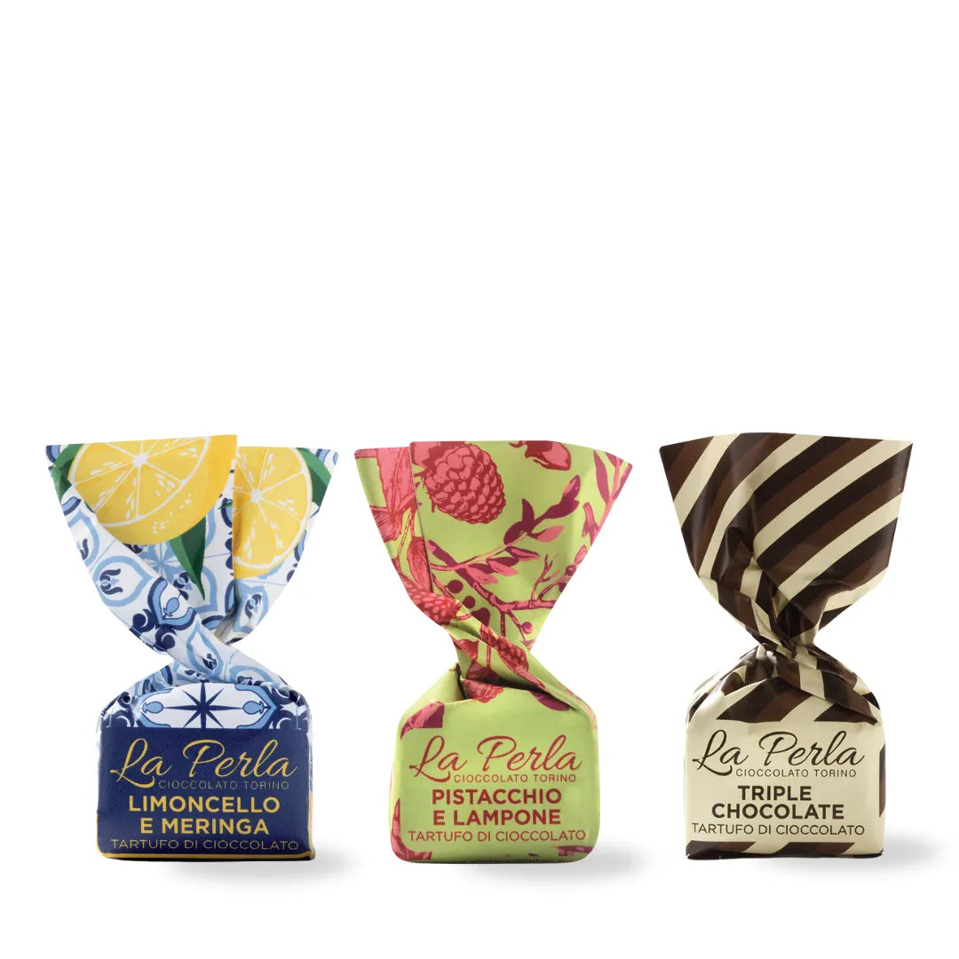 Limoncello and Meringue, Pistachio and Raspberry, Triple Chocolate. Assortment Chocolate Truffles 50g - La Perla