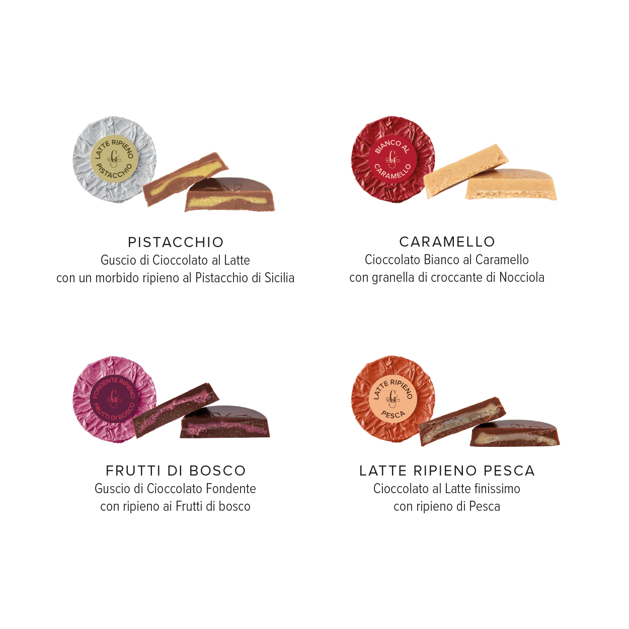 Assorted 4 Flavours Filled Cialdine (Chocolate Disk) in Cube 160g - Guido Gobino