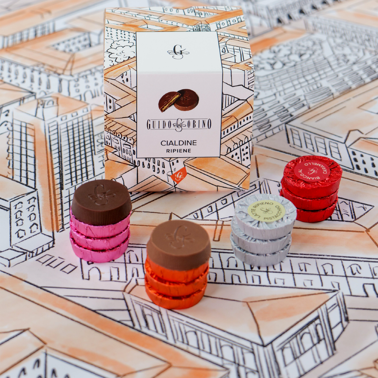 Assorted 4 Flavours Filled Cialdine (Chocolate Disk) in Cube 160g - Guido Gobino