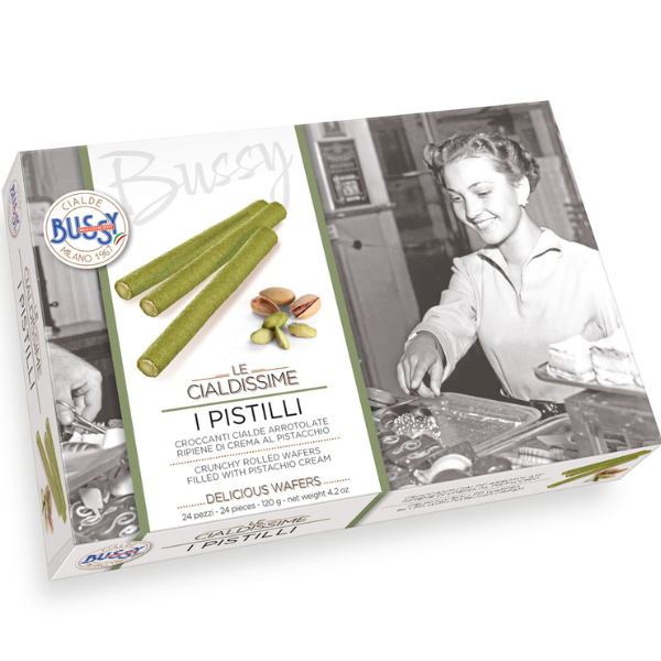Rolled Wafer Straws Filled with Pistachio Cream 120g - Bussy Bussy - Wafer 120g @Mercato Gourmet | Your Italian Gourmet Supermarket