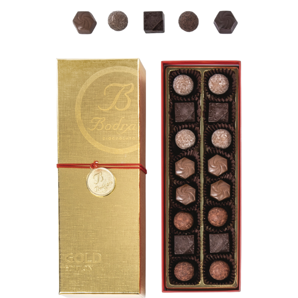 Assorted Chocolate Pralines 16 pcs in Golden Gift Box 155g - Bodrato Bodrato - Confectionery Total 155g @Mercato Gourmet | Your Italian Gourmet Supermarket
