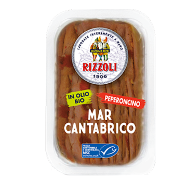 Cantabrian Sea Anchovy Fillets with Chili in Organic Sunflower Oil 70g - Rizzoli