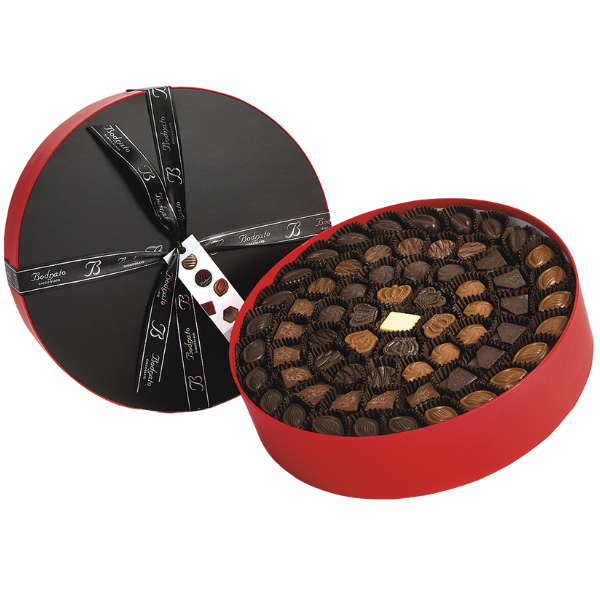 Assorted Chocolate Pralines in Round Gift Box 900g - Bodrato