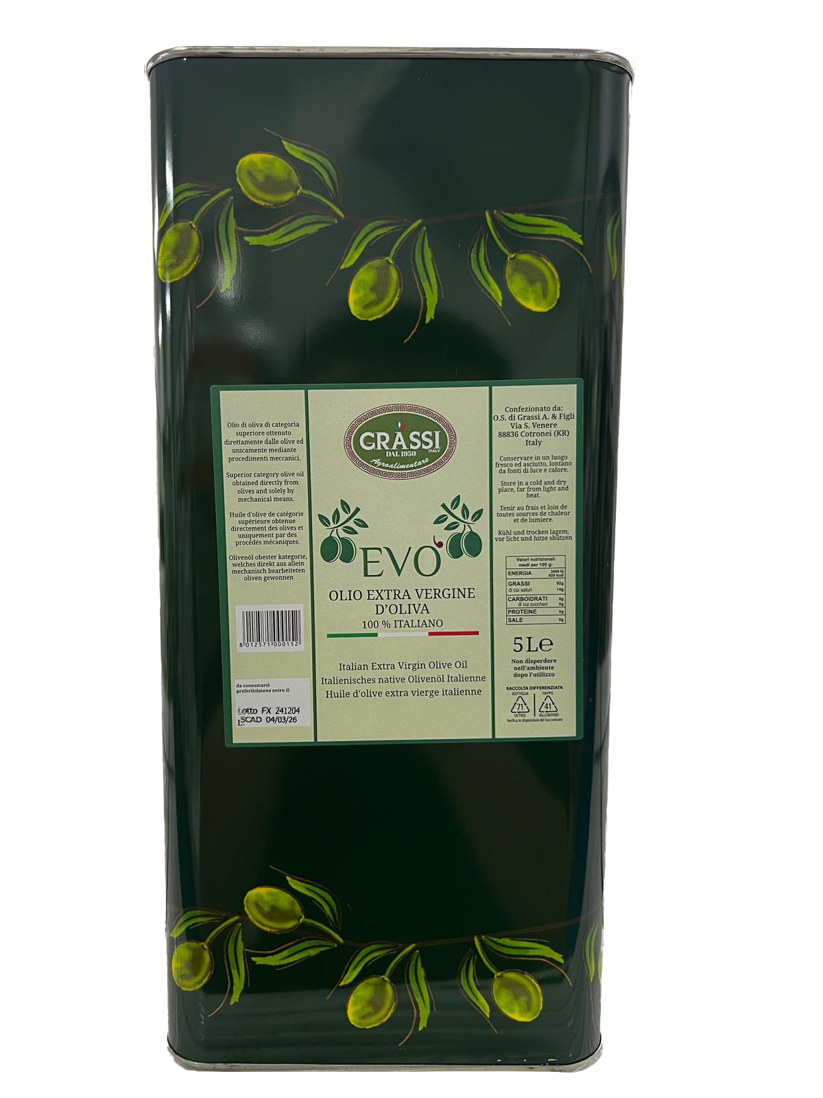 Italian Extra Virgin Olive Oil 5L in Tin - Grassi Grassi - Oil 5L @Mercato Gourmet | Your Italian Gourmet Supermarket