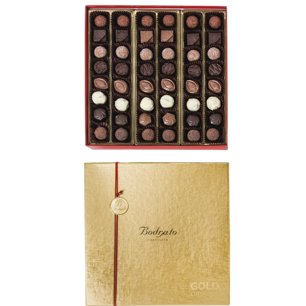 Assorted Chocolate Pralines 48 pcs in Golden Gift Box 470g - Bodrato