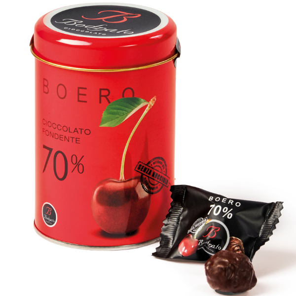 Pitted Cherry Coated with Dark Chocolate 70% (Boero) Red Round Tin 150g - Bodrato